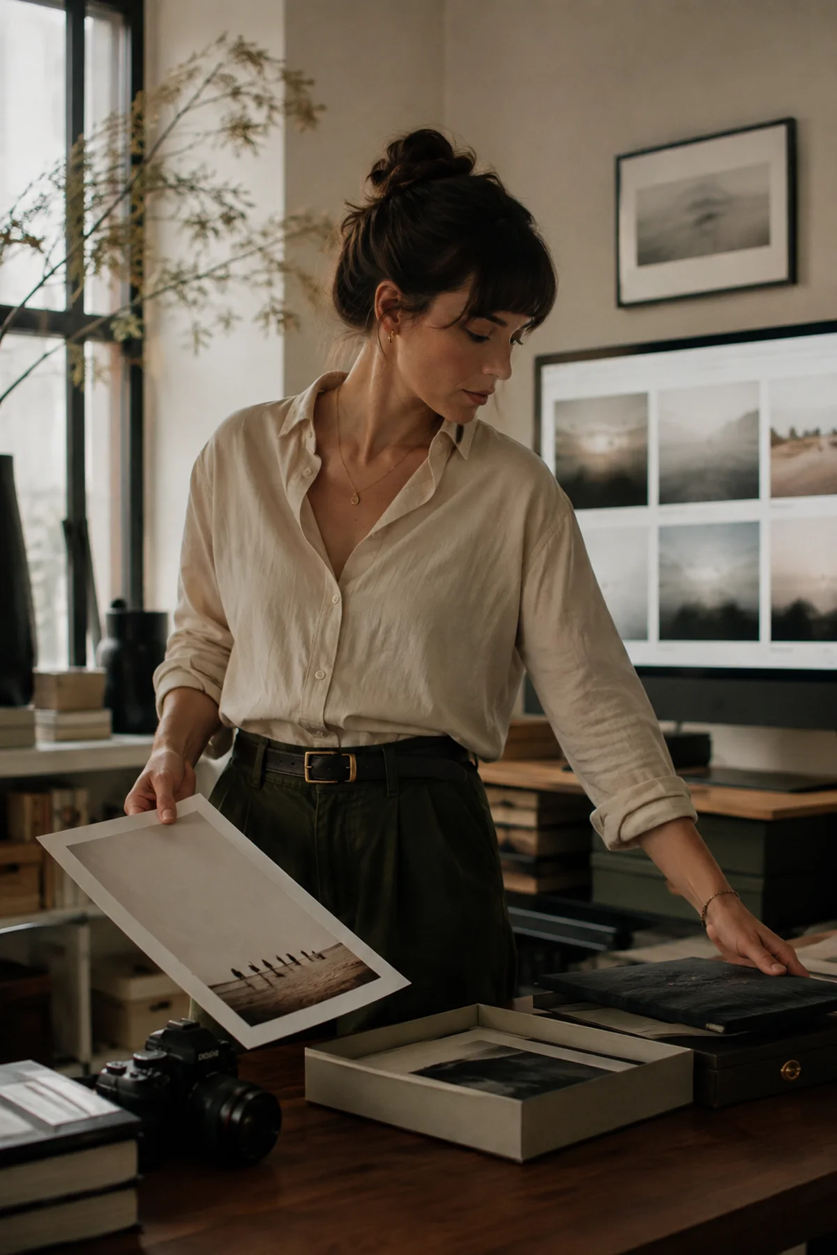 A photographer preparing a finished print collection in her studio
